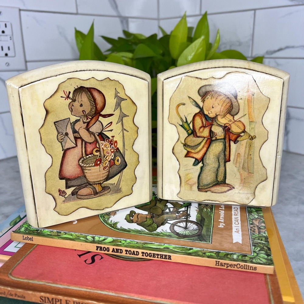 Vintage Hummel Style Wooden Bookends Decoupage Children Folk Art 1970s